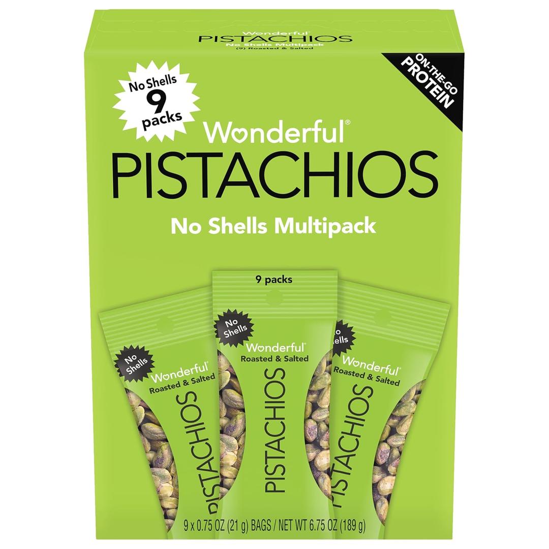 Wonderful Pistachios No Shells, Roasted & Salted Nuts, 0.75 Ounce Bag (Pack of 9), Protein Snacks, Gluten Free, On-the-Go, Individually Wrapped Snacks BBD 04.08.26