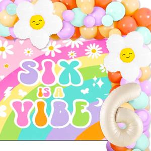 JeVenis Six Is A Vibe Birthday Party Decorations Backdrop Balloon Rainbow Daisy Balloons Hippie Retro 6 Years Old Birthday Decorations