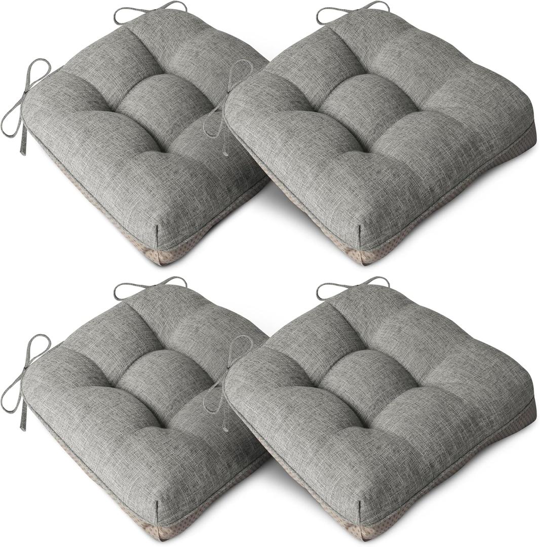 AddGrace Extra Thick Chair Cushions for Dining Chairs Set of 4 Non-Slip Kitchen Chair Pads Soft Dining Room Seat Cushion with Ties 16" x 16" x 4" Dark Green (Grey)