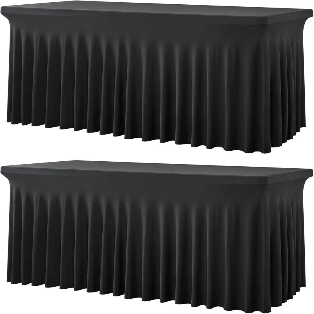 2 Pack Black Spandex Tablecloths for 4 ft Rectangle Tables, Wrinkle Free Fitted Table Covers 4 Foot StretchyTable Cloth with Skirt for Parties Weddings Birthday Banquet Baby Shower