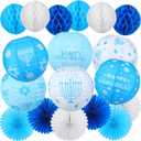 Retisee 18 Pcs Hanukkah Party Decoration Happy Hanukkah Paper Lanterns with Candlestick Dreidel Blue White Hanging Paper Fans Honeycomb Balls Chanukah Home Ornament for Jewish Party Decor
