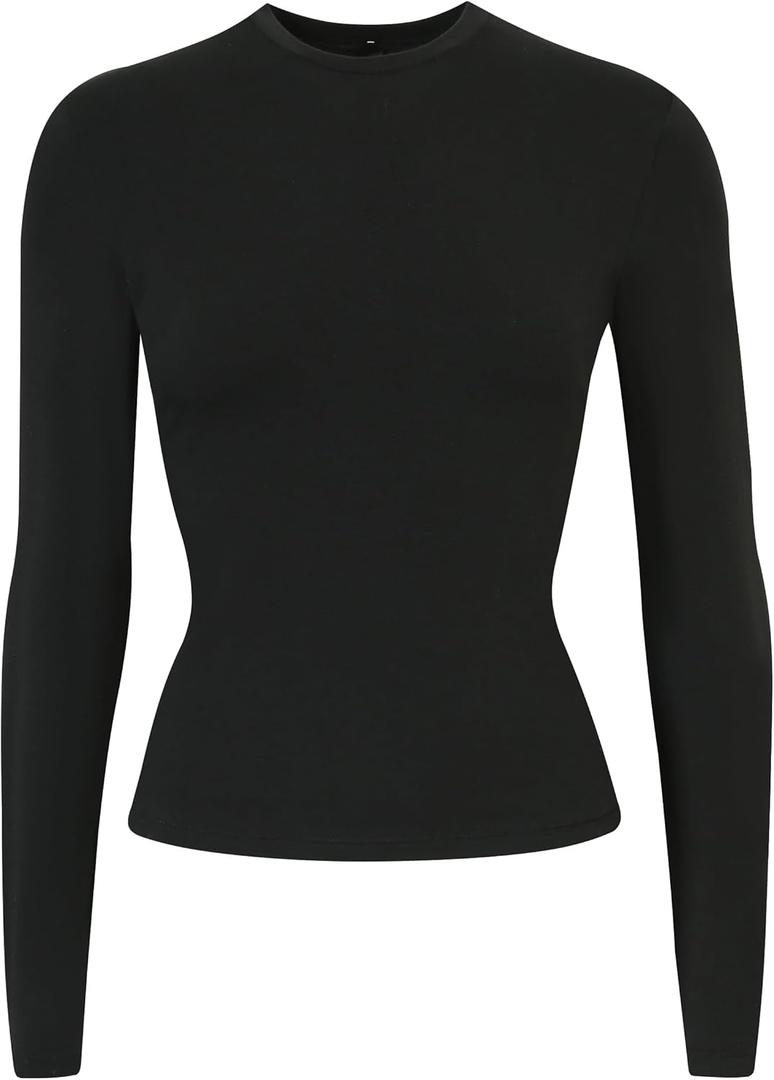 SSLR Womens Long Sleeve Shirts Basic Crop Tops Slim Fit T-Shirts Stretch Crew Neck Tee Comfort (Black, XL)