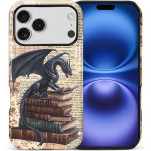 DAIZAG Case for iPhone 17 Pro, Dragon Fantasy Book Literary Lover Full-Body Design Hybrid Dual Protection Soft TPU + Hard PC Shockproof Scratch-Resistant Protective Cover Phone Case for Men Women