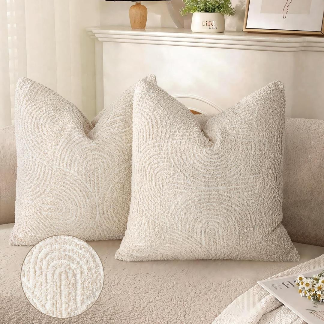 AELS Boho Decorative Textured Throw Pillow Covers 18x18, Modern Mid Century Rainbow Tufted Pillow Case, Farmhouse Rustic Geometric Woven Cushion Case for Bed Couch Sofa, Creamy White (Beige)