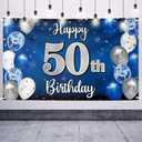 Happy 50th Birthday Decorations,50th Blue & Silver Balloon Large Birthday Banner Backdrop Sign - Cheers to Fifty Years Old Bday Party Supplies.