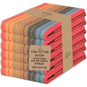 Urban Villa Kitchen Towels 100% Cotton Dish Towels for Kitchen (Set of 6) 20"x30" Highly Absorbent Kitchen Linen Set with Hanging Loop Dish Cloths Perfect for Drying Dishes Cleaning Towels