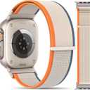 Trail Loop Nylon Band Compatible with Apple Watch Ultra 3/2/1 Bands 49mm 46mm 45mm 44mm 42mm, Sport Breathable Replacement iWatch Wrist Strap for SE Series 11 10 9 8 7 6 5 4 Men Women (Orange/BeigeSilver Connectors)
