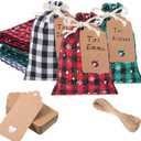 Shappy 24 Pcs Christmas Drawstring Gift Bags Xmas Buffalo Plaid Burlap Advent Bags 5.5 x 4 Inches Linen Treat Candy Bag with 32.8 ft Rope 24 Card(Mixed Colors)