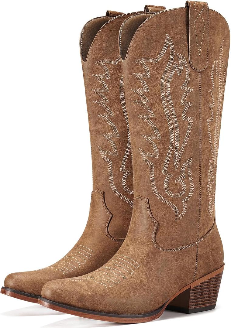 Rollda Cowboy Boots for Women Western Cowgirl Boots Mid Calf Chunky Heel (Brown) 8