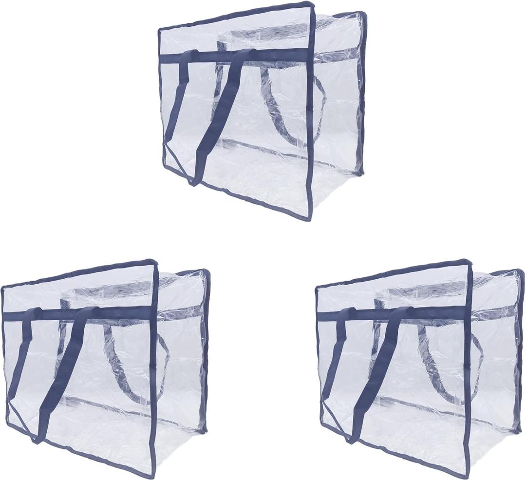 WINCUR Large Clear Zippered Storage Bags for Clothes, 40L Closet Organizer and Storage Containers Foldable Tote Moving Bags Transparent Handbag for Bedding,Linen,Blankets,ComfortersNavy Blue 3PCS