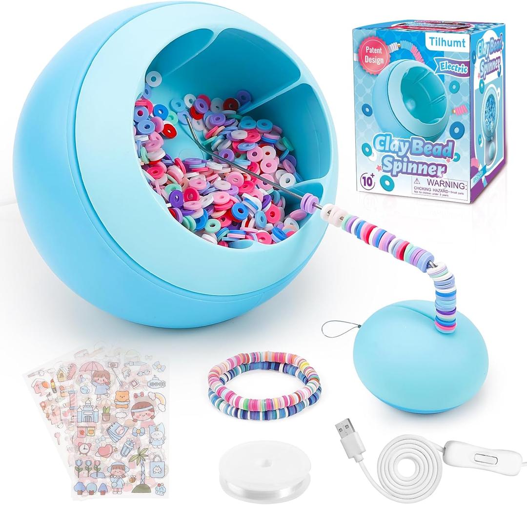 Tilhumt Bead Spinner for Jewelry Making, Clay Beads Spinner for Necklaces Maker, Electric Bead Spinners Bracelet Maker Machine with Beginner Friendly Positioning Mat, Gift for Craft Lovers, Blue