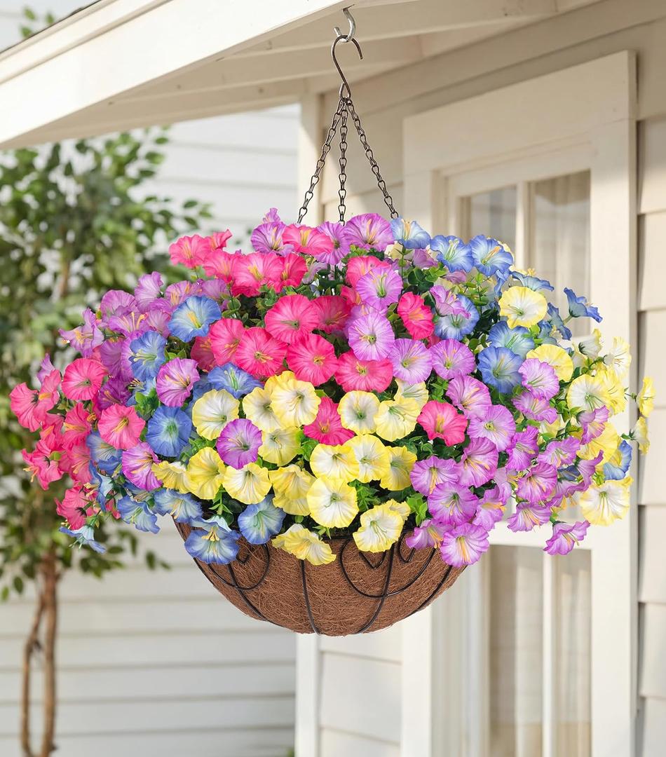 Artificial Fake Hanging Flowers Baskets for Outdoors Faux Plants Spring Outside Decor, UV Resistant Silk Morning Glory Flowers in Planter Realistic Petunias for Outdoor Porch Patio Garden Yard Home