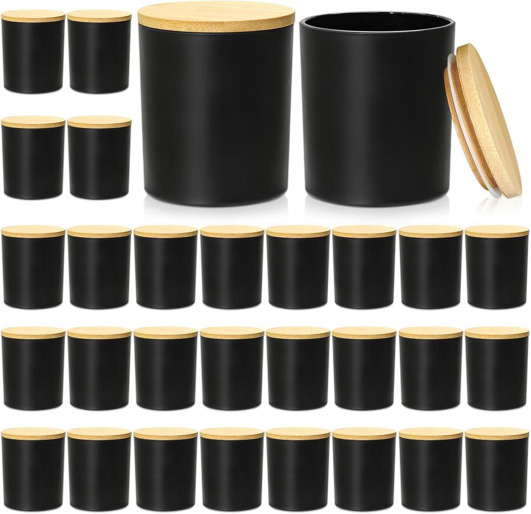 SUPMIND 30 Pack Glass Candle Jars-10oz Black Empty Candle Jars with Bamboo Lids and Sticky Labels, Bulk Candle Jars for Making Candles Containers - Dishwasher Safe