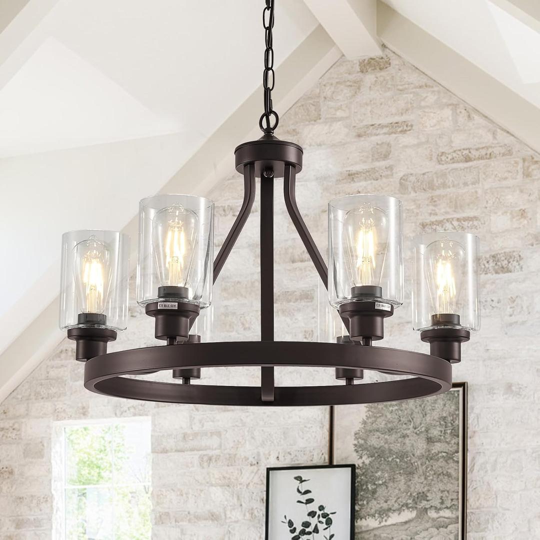 Lanhall 6-Light Farmhose Chandelier for Dining Room Light Fixture Oil Rubbed Bronze Kitchen Pendant Light Round Rustic Ceiling Hanging Lighting with Glass Globes Adjustable Height Metal E26