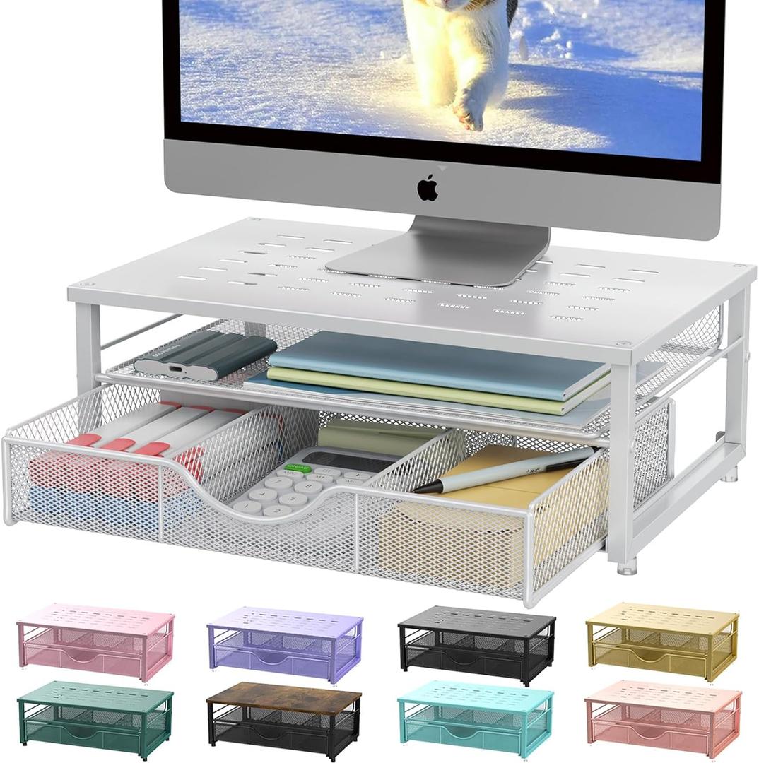 Gianotter Computer Monitor Stand Riser, office organizer with Drawer, Office Organizers Storage for Classroom Office Supplies (White)