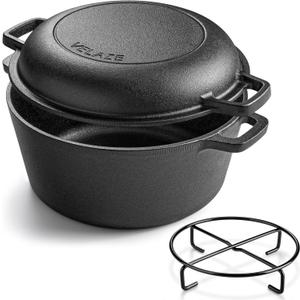 Velaze Cast Iron Dutch Oven Pot with Skillet Lid, 2-in-1 Pre-Seasoned Dual Handle Cast Iron Pan for Bread Baking, Frying, and Camping - Black 5QT