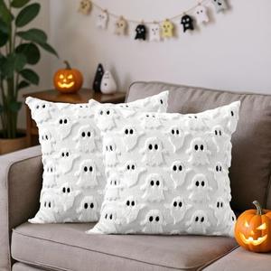 Fall Halloween Ghost Throw Pillow Covers 20x20 Set of 2 - Cute Ghost Horror Decor Pillow Cases - Faux Fur Decorative Pillows for Home Couch - Spooky Hallowen Party Decorations Indoor - White