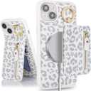 for iPhone 15 Phone case with Card Holder with Compatible magsafe Magnetic, Key Chain PU Leather Flip Kickstand Detachable 2-in-1 Wallet case for Apple15 Women Men-White Leopard
