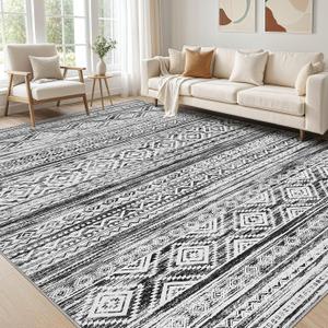 cotiled 10x14 Area Rug Living Room: Washable Boho Rugs with Non Slip Backing Large Soft Indoor Stain Resistant Carpet for Bedroom Farmhouse Dining Room Lightweight Home Decor White/Black