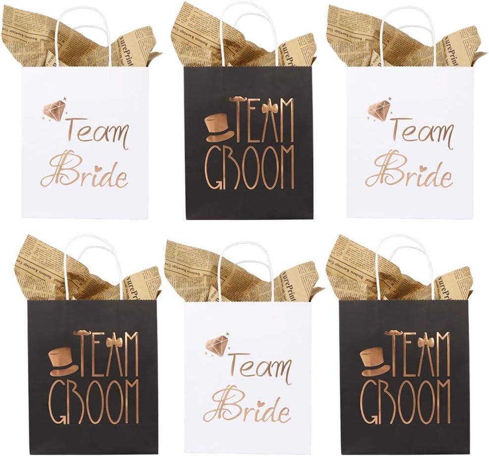 AerWo 12Pcs Wedding Party Paper Gift Bags 6 Bridesmaid 6 Groomsmen Gift Bags Bridal Shower Bachelorette Party Favor Bags Rose Gold Foiled with Handle