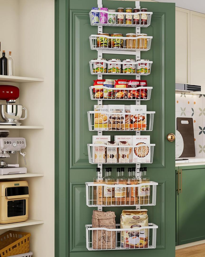 Over The Door Organizer 8-Tier Over The Door Pantry Organizer with Adjustable BasketsMetal Hanging Pantry Organizers and Storage for Kitchen, Back of Door Seasoning Rack (White)