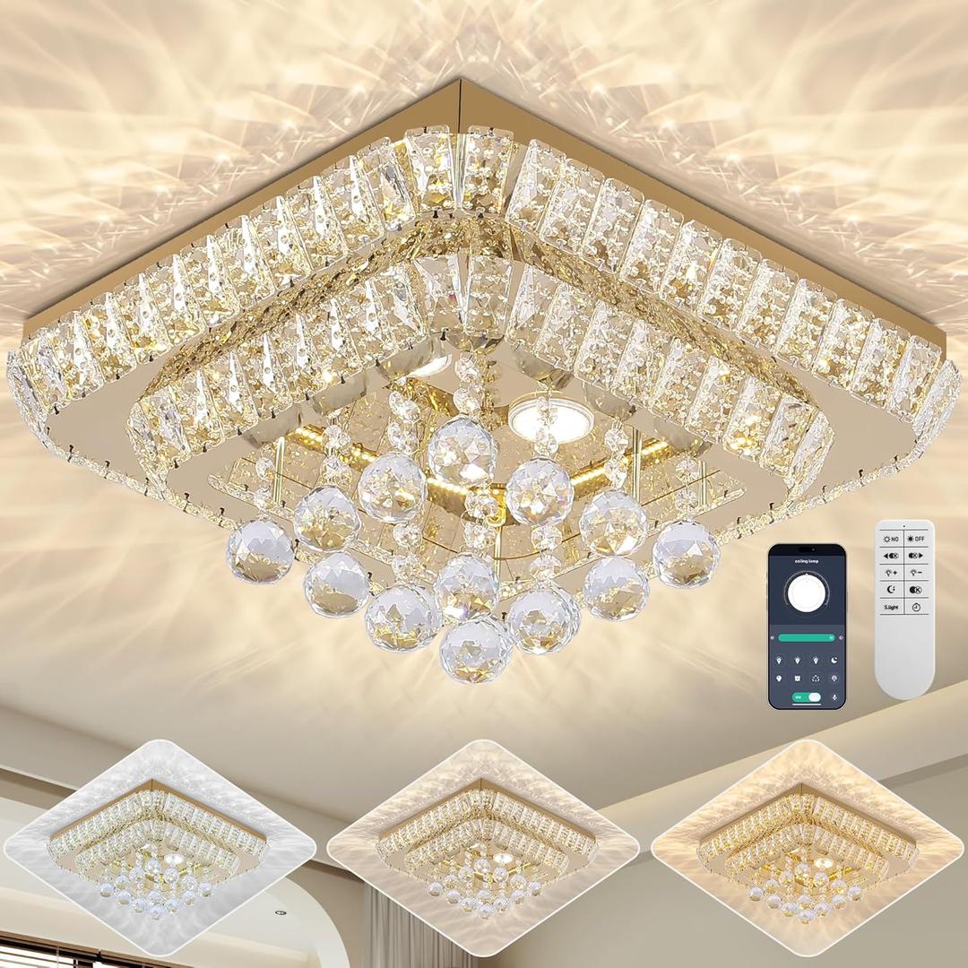 18 inch Crystal Flush Mount Gold Chandelier Remote/APP, Modern Raindrop LED Ceiling Light, 3CCT Dimmable & Brightness Adjustable,Elegant Chandeliers for Bedroom Hallway Dinning Room Living Room