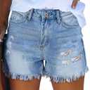 onlypuff Women Ripped Denim Shorts Distressed Mid Rise Stretchy Casual Jean Shorts (Blue, L)