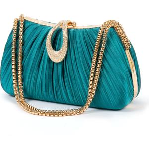 Womens Pleated Satin Clutch Purse Evening Bag with Rhinestone Clasp & Detachable Chain Formal Party Wedding Handbag