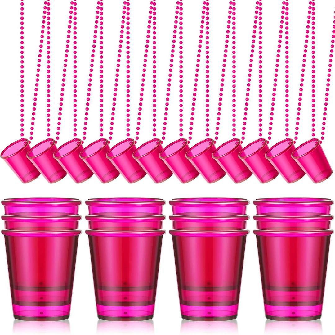 24 Pieces Shot Glass on Beaded Necklace Plastic Shot Cup Necklace Bachelorette Party Team Men and Women Supplies (Rose Red)