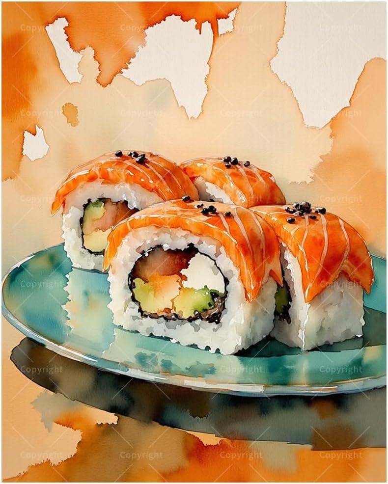 Sushi Roll Paint by Numbers Kit for Adults - DIY Salmon Sushi on Plate Painting on Canvas, Acrylic Paint Set, Suitable for Beginners, Food Art for Home Decoration or Gifts(16X20IN Framed)