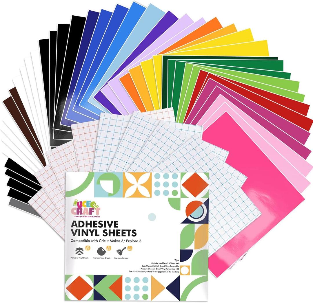 UCEC 52Pack Removable Vinyl Sheets Compatible with Cricut Maker 4/Maker 3/Explore 3/Explore 4, 22 Color Permanent Vinyl 13"x12" Self Adhesive Vinyls Sheets for DIY Projects Scrapbooking Cup Decoration