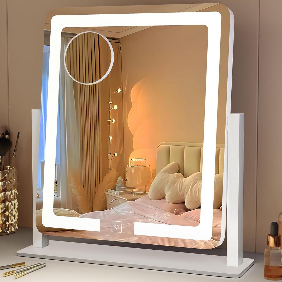 YITAHOME Vanity Mirror with Lights, Smart LED Makeup Mirror, 360 Rotating 10x Magnifying Mirror for Makeup Desk, 3 Color Lighting Modes, Touch Control for Bedroom, Dorm Room, Dressing Room