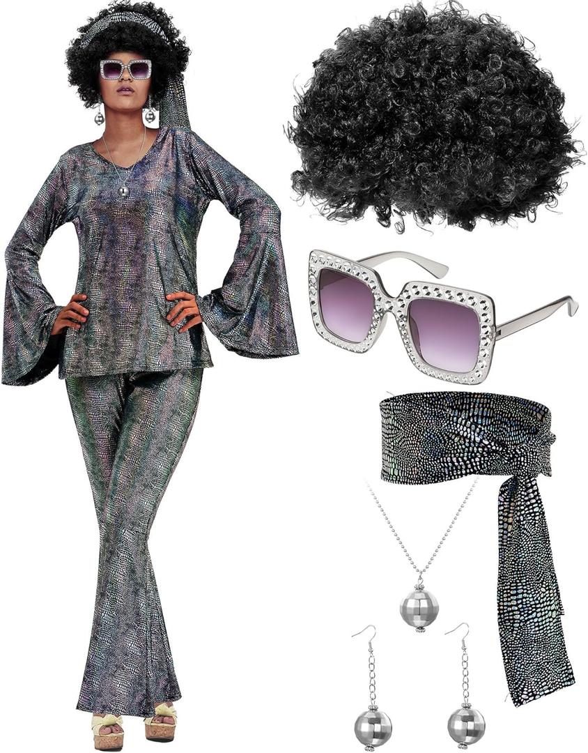 Jexine 70s Women Disco Outfit Costume Disco Party Top Pants Sunglasses Ball Necklace Earring Wig for Halloween New Year Eve (Medium, Black Laser)