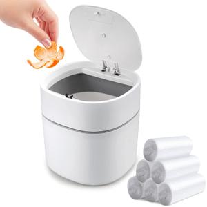 Mini Desk Trash Can with Lid with Trash Bags 180 pcs Press-Top 0.5 Gallon Tiny Countertop Waste Basket Small Table Top Plastic Covered Garbage Bin for Desk Top (White)