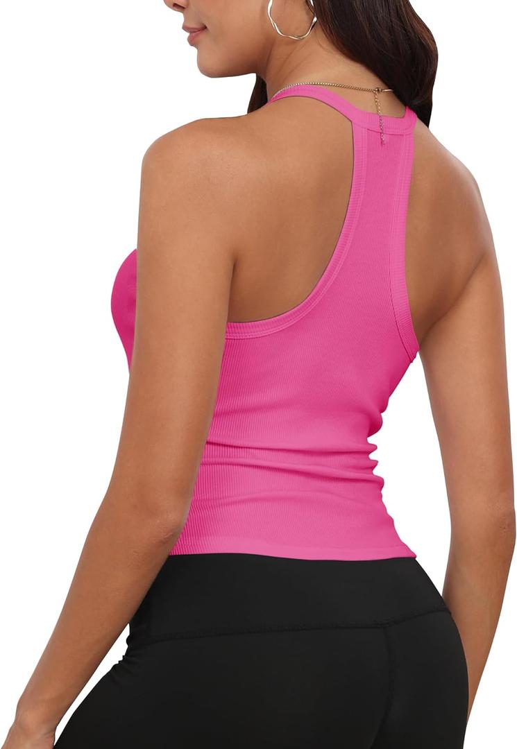 GEMBERA Womens Racerback Sleeveless V Neck Ribbed Knit Cotton Fitted Basic Cami Cropped Halter Tank Top Shirt (XL)