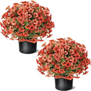 17" Artificial Flowers Topiary - 2 Set for Outdoor Fall Decoration,Faux Petunia with Fake Eucalyptus Potted Plants for Outside Front Door Garden Farmhouse Home Thanksgiving Autumn Decor (Orange)