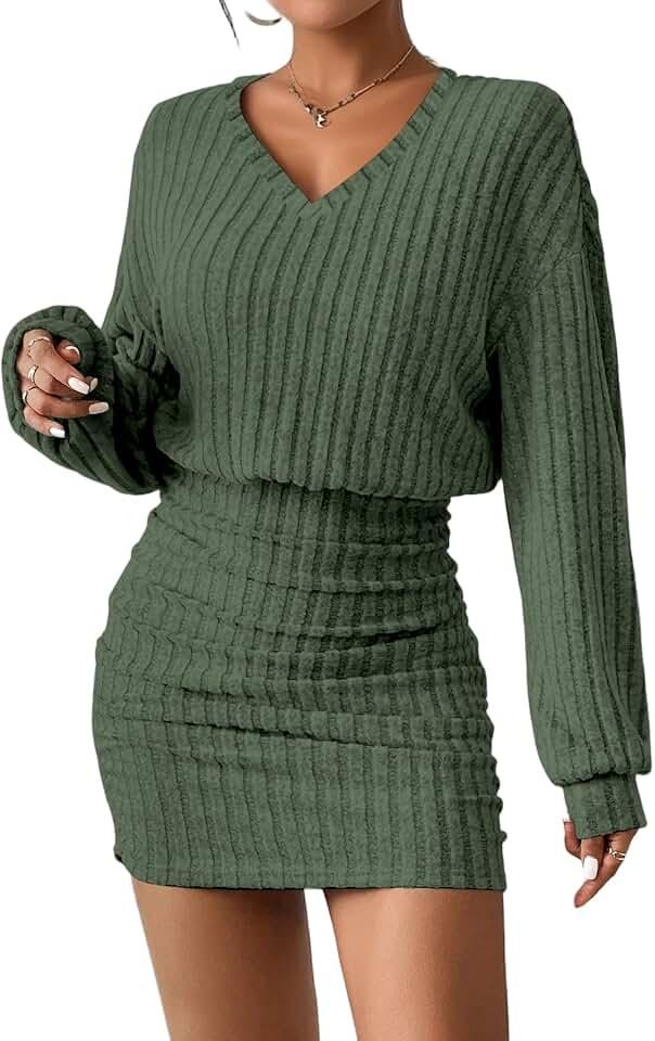 Women's Pullover Sweater Dress Long Lantern Sleeve Turtle Neck Cute Ribbed Knit Bodycon Mini Short Dress 2025 Fall.M