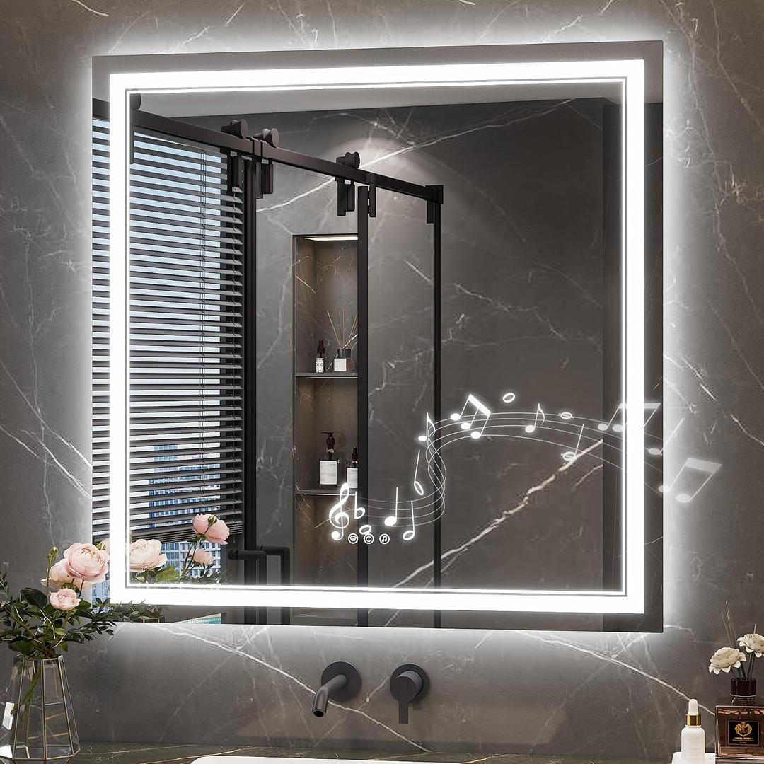 Keonjinn 28" x 36" Lighted Mirrors for Bathroom Wall, Frontlit & Backlit | Bluetooth Speaker, LED Mirror for Bathroom, HD Tempered Glass, Stepless Dimmable 3-Color Lights, Fast & Safe Defog CRI90+