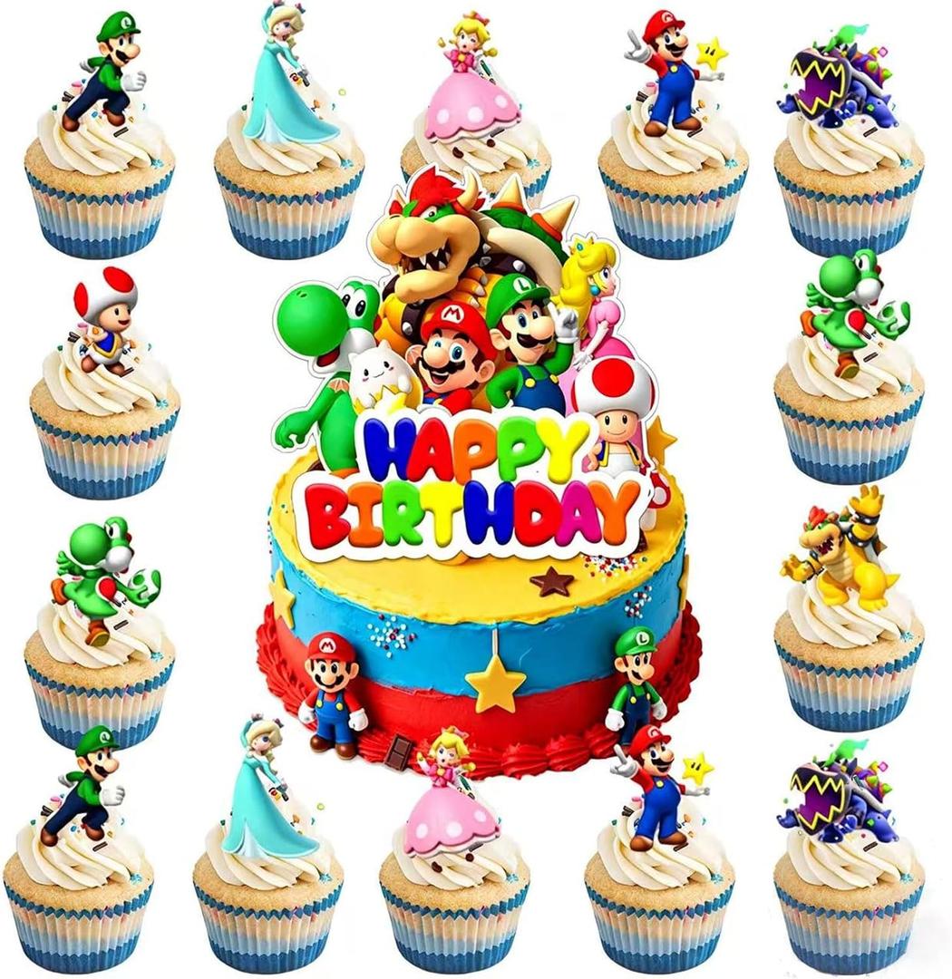 3 x 25Pcs Mario Cake Decorations with 24pcs Cupcake Toppers, 1pcs Happy Birthday Cake Topper, Super Bros Party Supplies, Perfect for Birthday Party Decorations