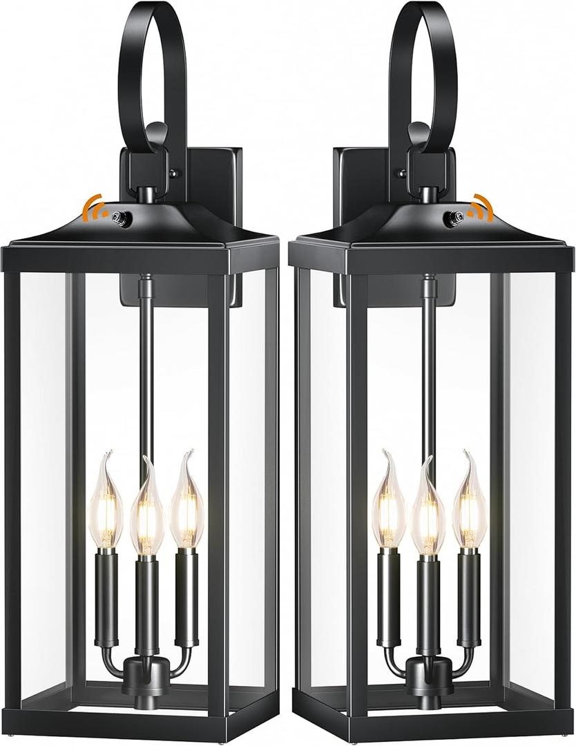 2 Packs 24" Extra Large Dusk to Dawn Light Fixture 3-Light, Black Outdoor Porch Lantern Wall Mounted, Waterproof Modern Outside Wall Sconce Coach Lamp with Tempered Glass for House, E12