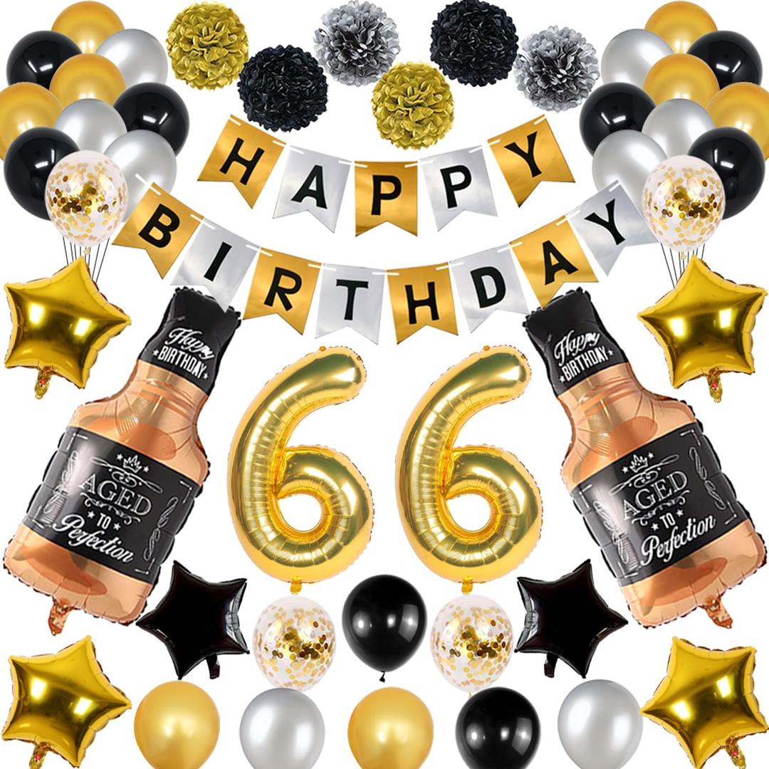 66th Gold Birthday Decorations, Gold Black Silver Happy Birthday Balloons Supplies for Men Women, 66 Birthday Party Set with 66 Gold Number Balloons Happy Birthday Banner