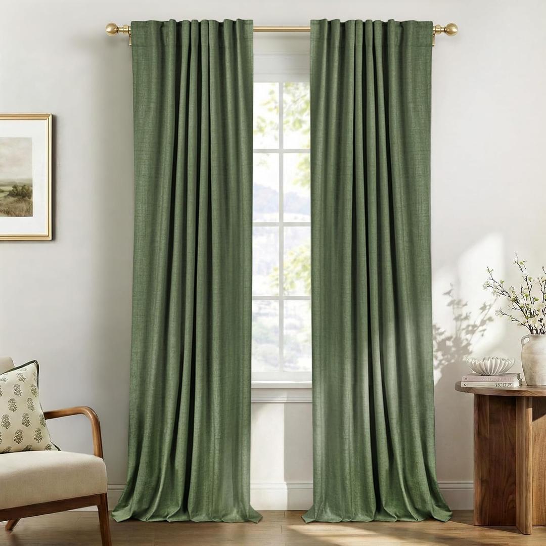 100% Blackout Shield Olive Green Linen Blackout Curtains for Bedroom 96 Inches Long, Back Tab/Rod Pocket Living Room Drapes, Thermal Insulated Blackout Curtains 2 Panels Set, 50" W x 96" L