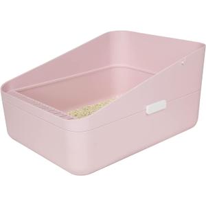 Sfozstra Open High-Sided Litter Box: Pink Medium Anti-Scatter Design - Self-Cleaning Sifting Tray - Low Tracking for Small Cats