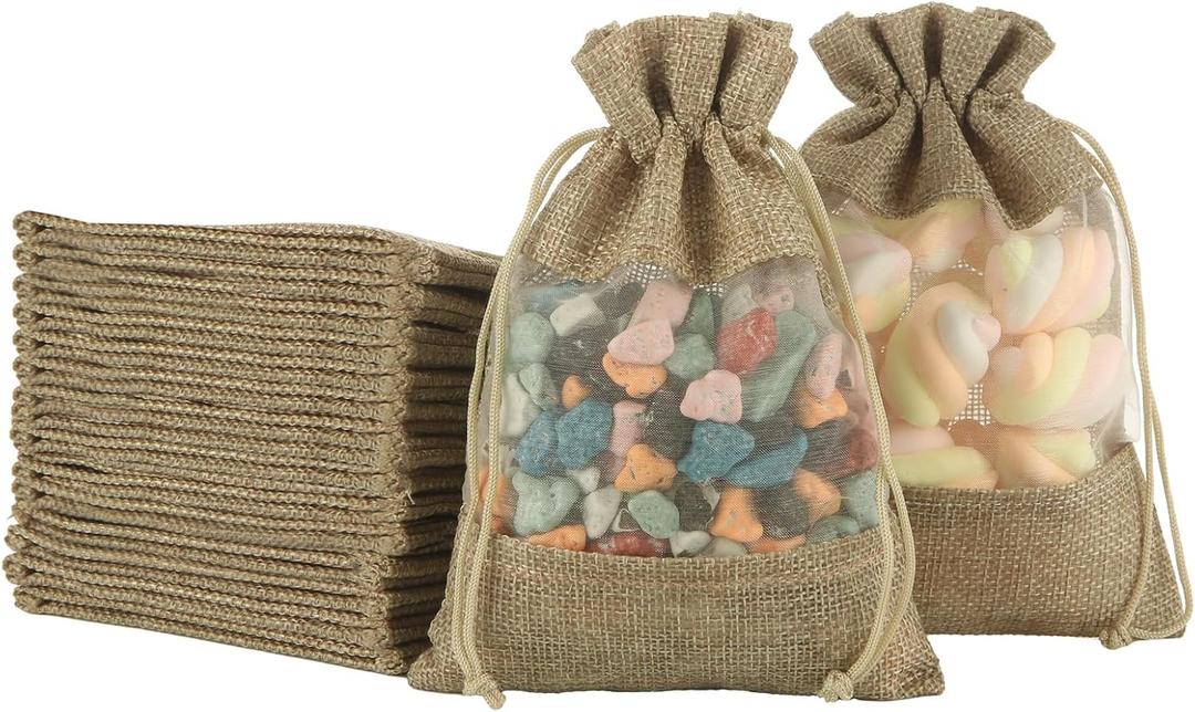 YOUNTHYE 50PCS Burlap Bags with Drawstring Burlap Gift Bags 5x7 Small Linen Sheer Bag Linen Mesh See Through Gifts Bag for Party, Cosmetic Samples