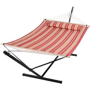 SUNCREAT Outdoor Hammock with Stand, Two Person Quilted Fabric Hammock Swing with 12ft Steel Stand, Red Stripes
