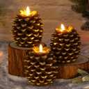 Baquler 3 Pcs Christmas LED Pine Cone Candles Large Xmas Flameless Pinecone Candles Battery Operated, Real Wax Pine Cone LED Flickering Pillar for Christmas Party Decoration, 4 x 5.5 Inches (Brown)