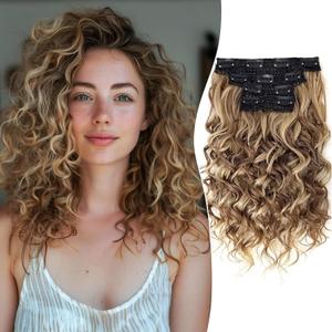 Aisaide Clip in Hair Extensions, 4PCS 12 inch Curly Hair Extensions Short Soft Natural Hairpiece Lace Weft Curly Wave Clip Ins Extensions Invisible for Women,Ash Brown with Blonde Highlights