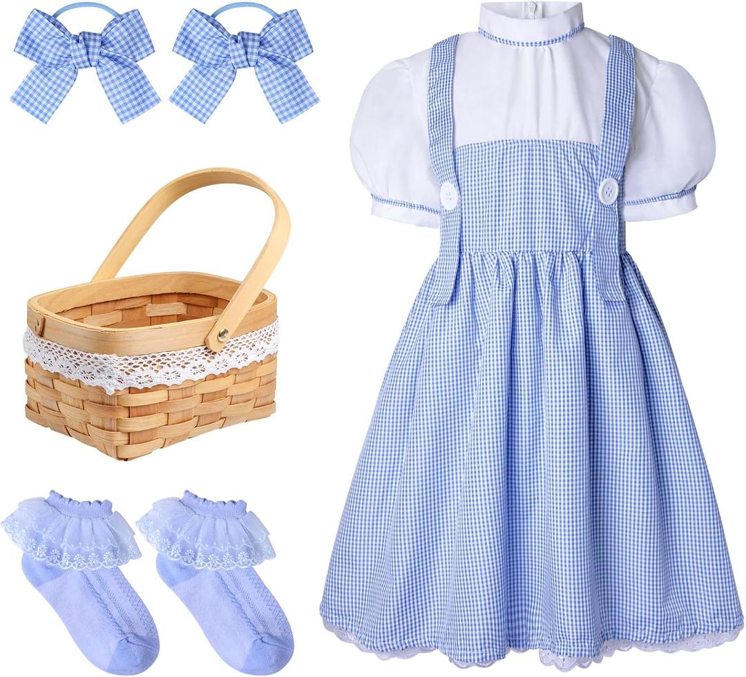 4pcs Deluxe Storybook Character Costumes for Girls, Classic Blue Gingham Dress Costume with Hair Bows Basket Socks (Small)