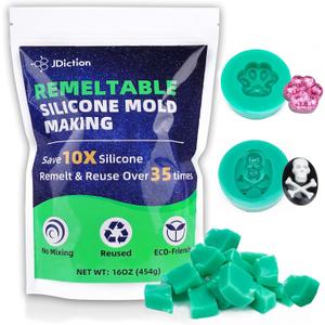 JDiction Remeltable Silicone Mold Making Kit, 35X Reusable Silicone for Mold Making, No Mix, Non-Toxic, Odorless Silicone Rubber for Resin, Epoxy, Picky Pad, Plaster, Soap, Candle, Small Crafts-16oz