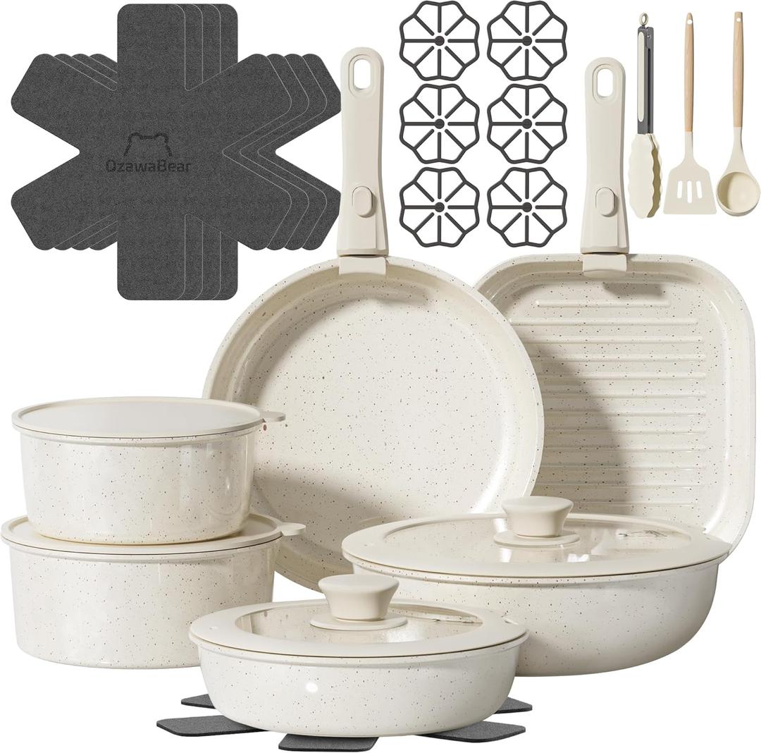 26 Pcs Pots and Pans Set Non Stick, Ceramic Cookware Set Non Toxic with Detachable Handles, Healthy Induction Cookware Oven Safe RV Kitchen Set, PFAS PFOA & PTFE Free, Cream White